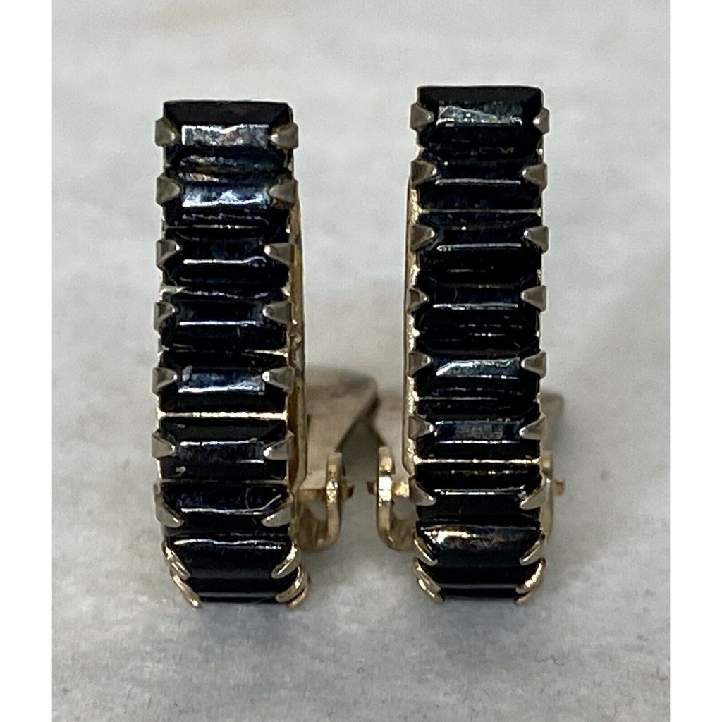 Vintage Silver Tone Clip On Black Onyx Rectangle